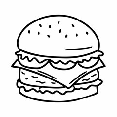 Cute cartoon hamburger line art outline drawing for coloring book
