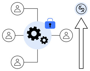 Gear mechanism linking user profiles with a padlock and upward financial arrow. Ideal for teamwork, connectivity, security, innovation, technology, progress, and finance. A simple flat metaphor