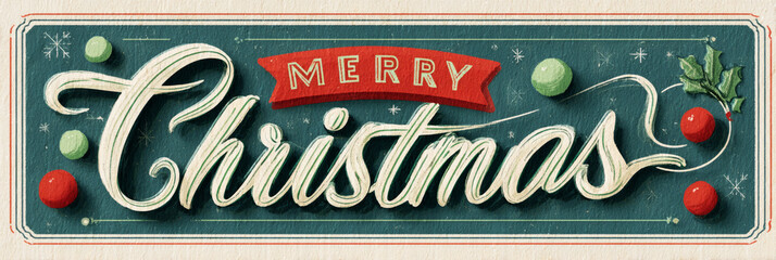 This retro-inspired Christmas card showcases an arrangement of festive greenery and red berries. The cheerful Merry Christmas message is framed beautifully, capturing the holiday spirit, banner