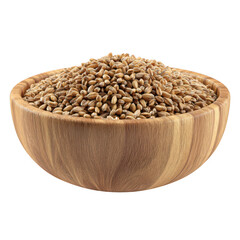 Wooden bowl filled with healthy spelt grains isolated on transparent background
