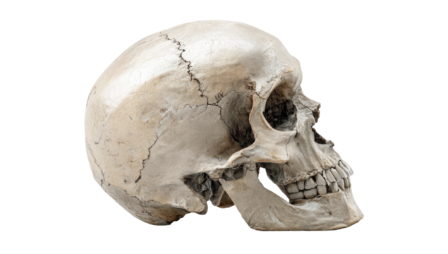 Detailed human skull side view realistic anatomy on transparent background