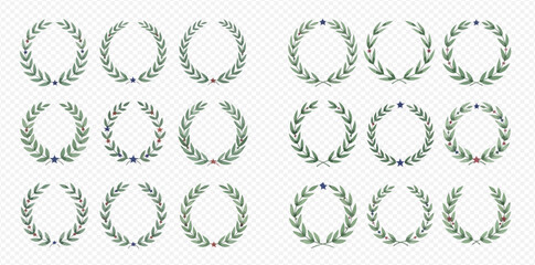 Collection of green laurel wreaths, symbols of victory and achievement, arranged on a transparent background.