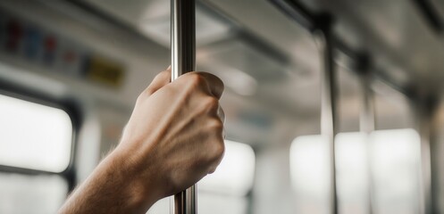 Hand gripping a subway strap symbolizing everyday urban travel on public transport