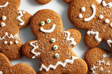 Decorated Gingerbread Cookies with White Icing and Green Sprinkles on White Background