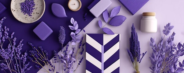 Stylized flatlay with lavender accessories and bold diagonal patterns