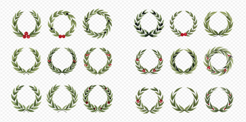 A collection of various green laurel wreaths and olive branch designs, some adorned with red berries or ribbons, on a transparent background.