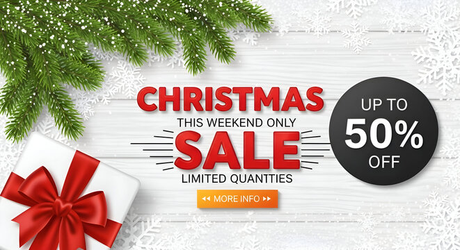 A digital horizontal background banner advertisement featuring a merry christmas sale of up to fifty percent off limited quantities this weekend only with realistic pine tree branches snowflakes