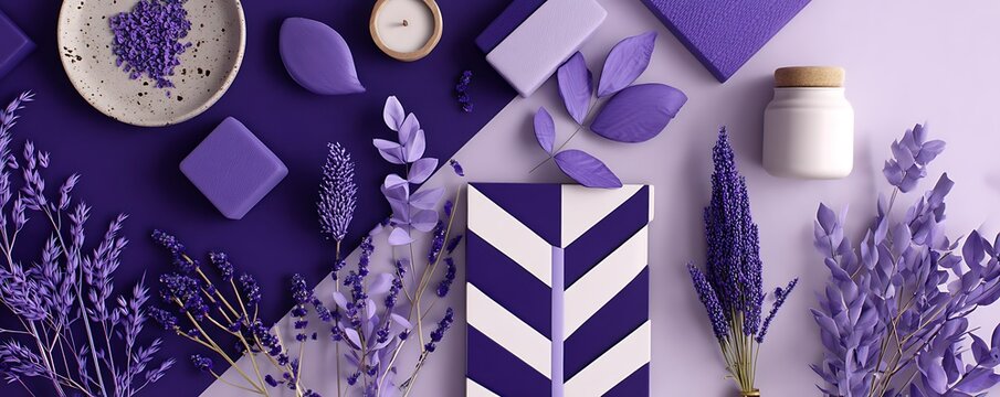 Stylized flatlay with lavender accessories and bold diagonal patterns
