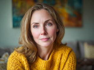 Thoughtful middle-aged woman with green eyes wearing a cozy mustard yellow sweater sitting indoors in a softly focused living room setting with warm background tones