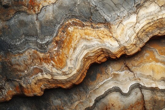 Natural rock surface with rich, earthy layers of orange, brown, grey, and white, exhibiting beautiful wavy patterns and textures.
