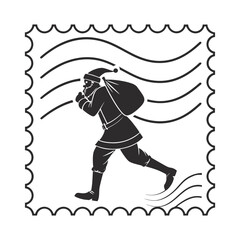 Running Santa Claus Stamp Silhouette Gift Delivery Black White