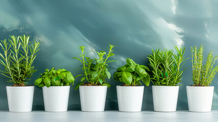 Herbs in White Pots Arranged on a Table Against a Colorful Wall Background