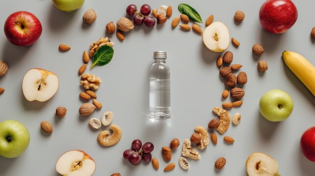Circle frame of apples, nuts and bottle on white background.