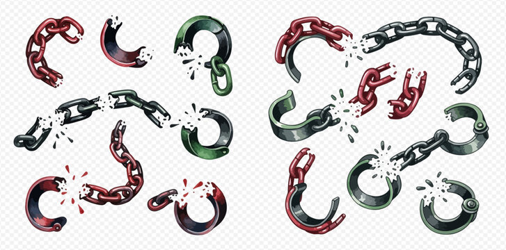 Set of broken metal chains and links in various colors, symbolizing freedom and release.