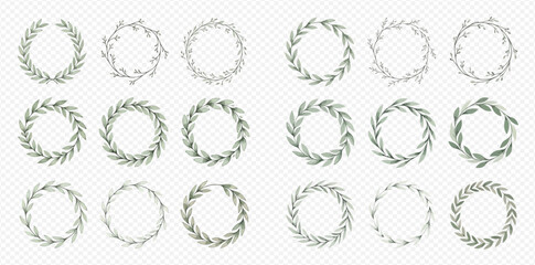 Collection of various green leaf wreaths and floral frames, elegant botanical design elements for decoration, wedding invitations, and natural branding. © studio