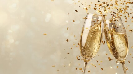 Champagne glasses with gold glitter splash on beige background.