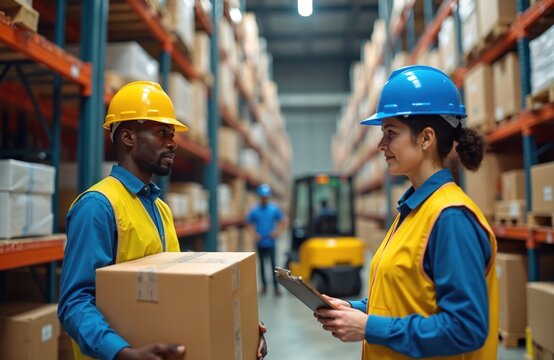 Two warehouse workers collaborate on inventory management. Man holds box. Woman checks notes on clipboard. They wear safety vests, hard hats in modern industrial distribution center logistics space.