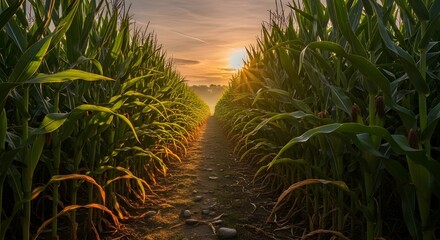 Golden sunrise light shining down a path in a cornfield.