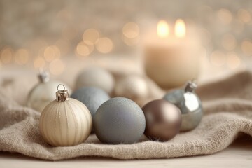 Elegant Christmas ornaments in muted tones of cream, grey, and bronze resting on a textured fabric, with a blurred candle and bokeh lights creating a warm, festive atmosphere in the background
