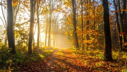 Sunlit Path Through Autumn Forest - A Golden Morning Scene.