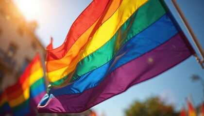 Rainbow flags flutter on a sunny day at a pride parade event. People celebrate LGBTQ rights and freedom with colorful banners waving in the wind.