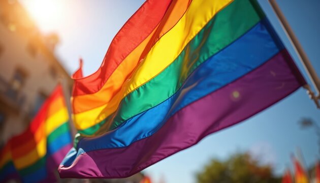 Rainbow flags flutter on a sunny day at a pride parade event. People celebrate LGBTQ rights and freedom with colorful banners waving in the wind. - Powered by Adobe