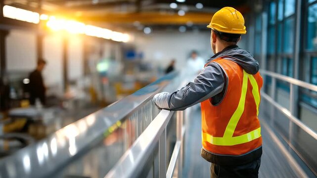 Faceless worker on an elevated metal walkway, sunlight bouncing off surfaces, blurred machinery below adding depth, with copy space