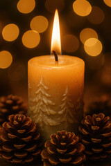 Warm glowing holiday candle surrounded by pinecones, with soft golden bokeh lights creating a cozy festive winter atmosphere