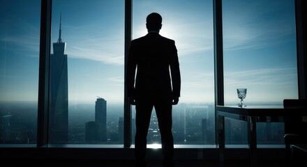 Fototapeta premium businessman looking out of a skyscraper window at the city skyline