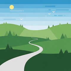 Obraz premium A serene landscape with a winding road through lush green hills under a clear blue sky with birds flying