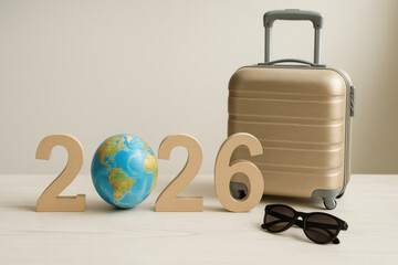 Travel-themed New Year concept with wooden 2026 numbers, small globe, suitcase and sunglasses arranged on a clean neutral surface