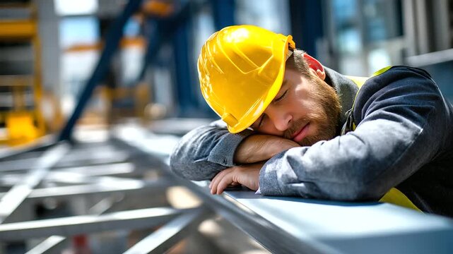 Man in safety helmet resting on a metal framework, bright sunlight washing out facial details, industrial environment slightly blurred, with copy space