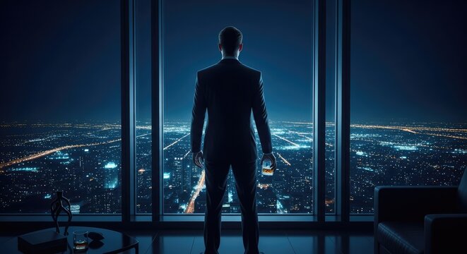 Businessman overlooking city lights at night, contemplating success and future