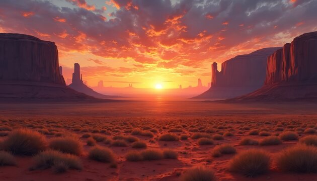 American desert landscape with red sandstone buttes at sunset. Sun sets on horizon under dramatic orange sky. Arid valley with red sand, dry grass. Beautiful western wilderness panorama perfect