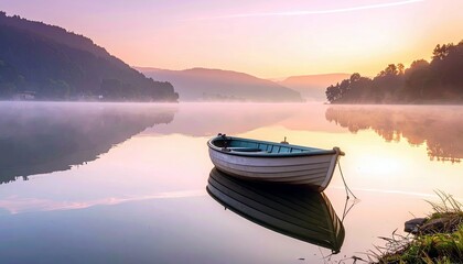 A serene scene of a rowboat floating on a calm lake at sunrise, with mist rising from the water and hills in the background.