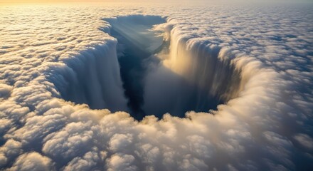 Aerial view of a dramatic cloud formation resembling a deep canyon