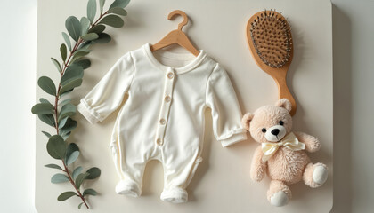 Baby onesie with teddy bear is on table. Wooden hair brush and eucalyptus branch create a soft decor for an infant. Clothing and toys for children. Childcare concept. Natural colors.