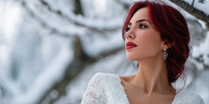 Elegant young caucasian female in snowy winter scene with red hair and white lace dress