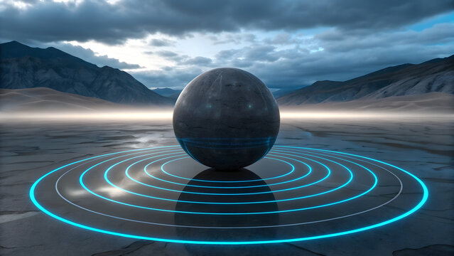 Futuristic metallic sphere with glowing blue rings in surreal desert landscape

