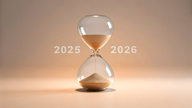 Hourglass showing sand flow symbolizing time change from 2025 to 2026
 - Powered by Adobe