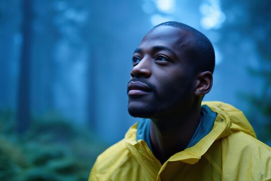 Young african male exploring misty forest in yellow jacket during foggy morning
