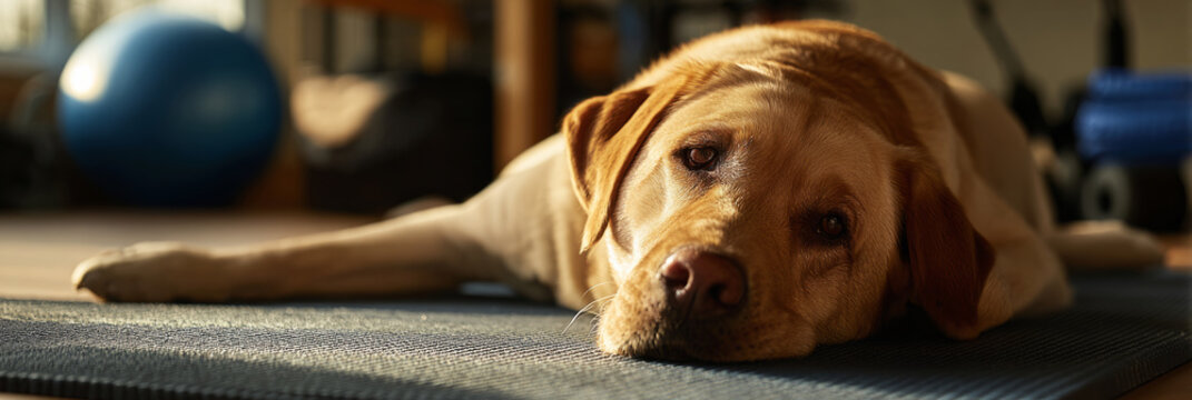 A relaxed Labrador lies on a mat in a fitness area after a training session. With a calm expression, the dog enjoys a peaceful moment amidst workout equipment and natural light, banner