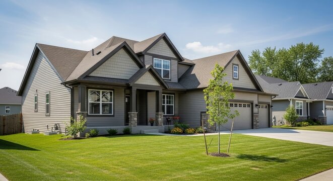 Two-story House Exterior with Green Lawn and Clear Sky