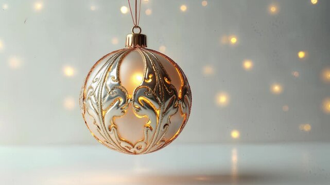 An elegant ornament gold bauble glas sphere festive holiday light bokeh decoration warm glow, delicate pattern, vintage style, ornate filigree detail hanging glas sphere, glitter grace, winter fest