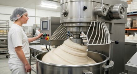 Industrial bakery worker operating dough mixer machine in modern food production facility