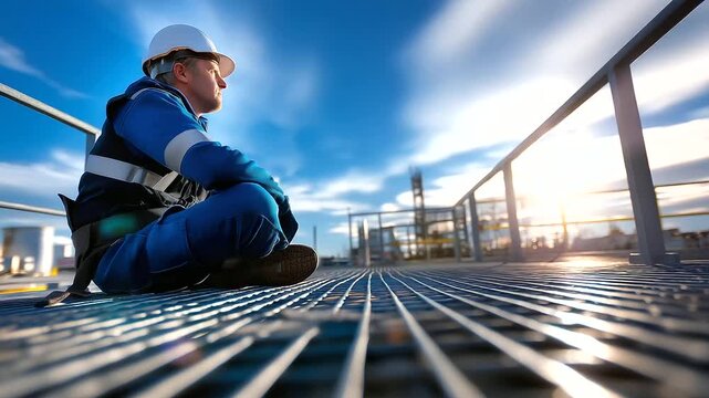 Safety-gear worker sitting on a steel grate platform, blurred industrial horizon behind him, bright sun illuminating metallic edges, with copy space