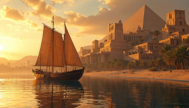 Ancient Egyptian city with pyramid and structures on sandy river bank. Sailboat drifts on calm water reflecting golden sunset sky and dramatic clouds. Palm trees line the shore. - Powered by Adobe