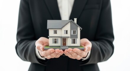Miniature House Held by Person Wearing Suit