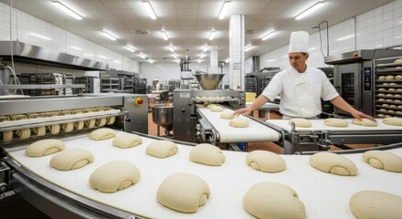 Industrial bakery scene with chef preparing bread dough on conveyor system
