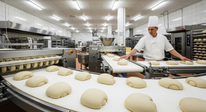 Industrial bakery scene with chef preparing bread dough on conveyor system - Powered by Adobe